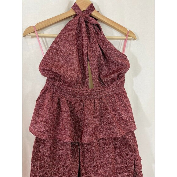 Pink Maroon Dress Women Medium Maxi Tiered Ruffle Glitter Mauve Feminine Halter - Picture 5 of 12
